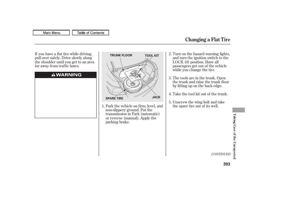 Changing a flat tire, 2011 accord sedan | HONDA 2011 Accord Sedan User Manual | Page 396 / 454