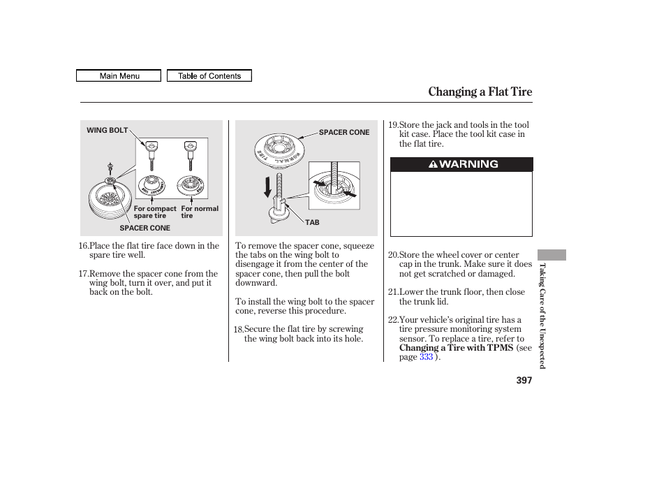 Changing a flat tire, 2011 accord sedan | HONDA 2011 Accord Sedan User Manual | Page 400 / 454