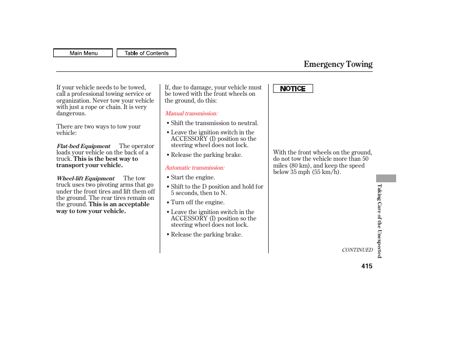 Emergency towing, 2011 accord sedan | HONDA 2011 Accord Sedan User Manual | Page 418 / 454