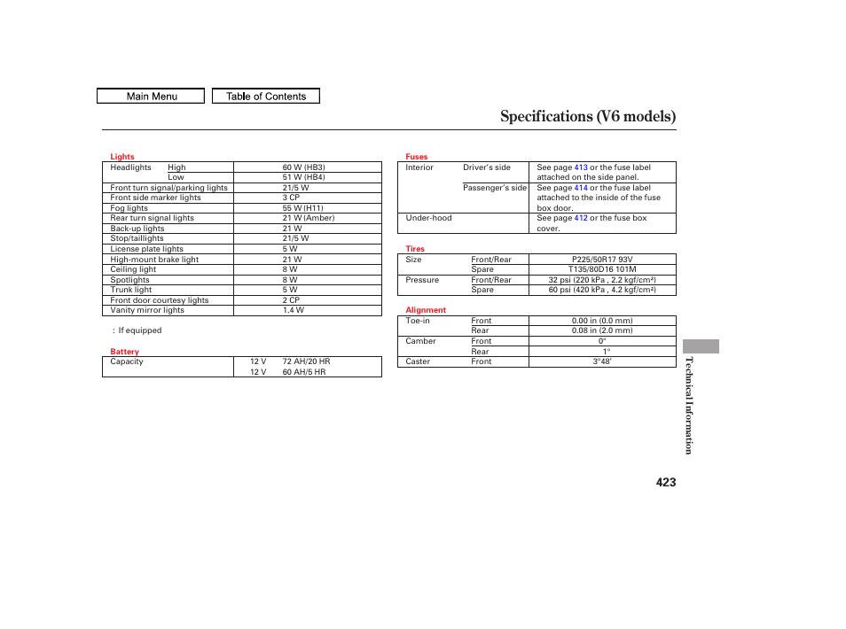 Specifications (v6 models), 2011 accord sedan | HONDA 2011 Accord Sedan User Manual | Page 426 / 454