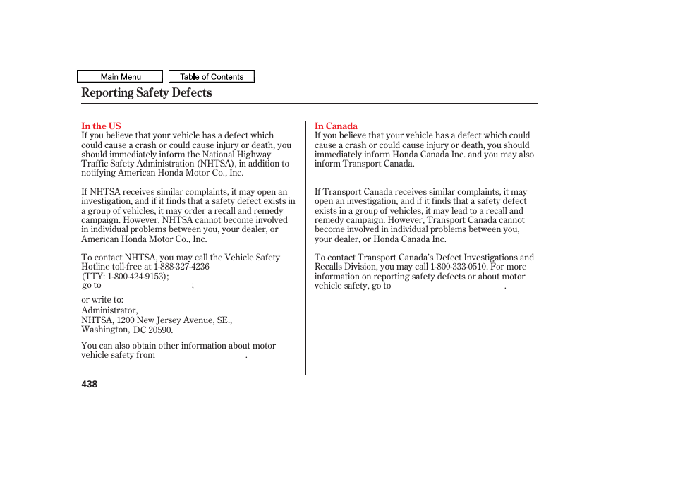 Reporting safety defects | HONDA 2011 Accord Sedan User Manual | Page 441 / 454