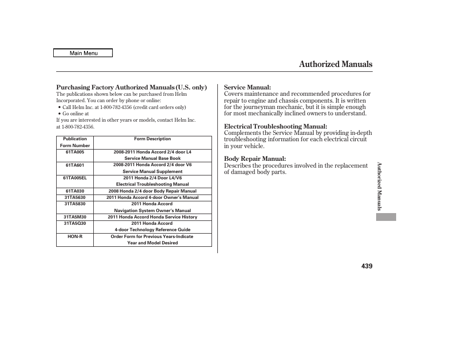 Authorized manuals, 2011 accord sedan | HONDA 2011 Accord Sedan User Manual | Page 442 / 454