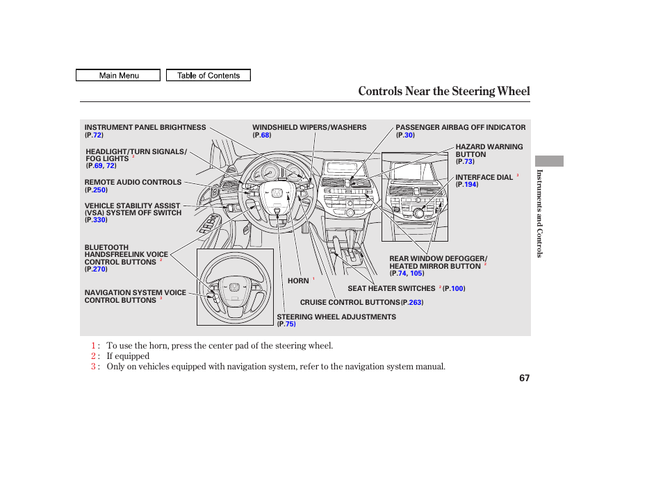 Controls near the steering wheel, 2011 accord sedan | HONDA 2011 Accord Sedan User Manual | Page 70 / 454