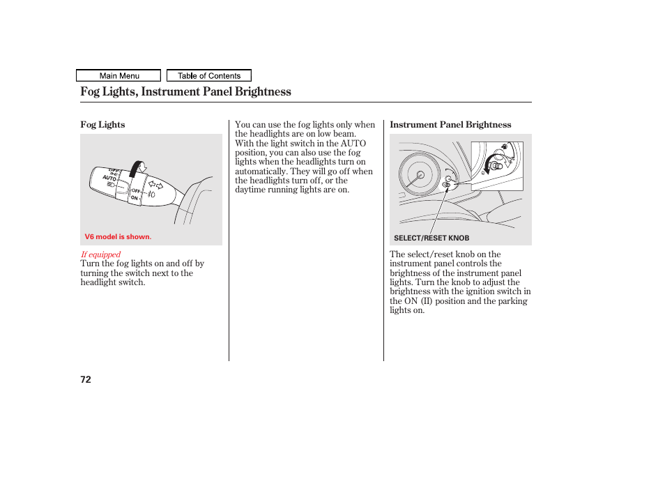 Fog lights, instrument panel brightness | HONDA 2011 Accord Sedan User Manual | Page 75 / 454