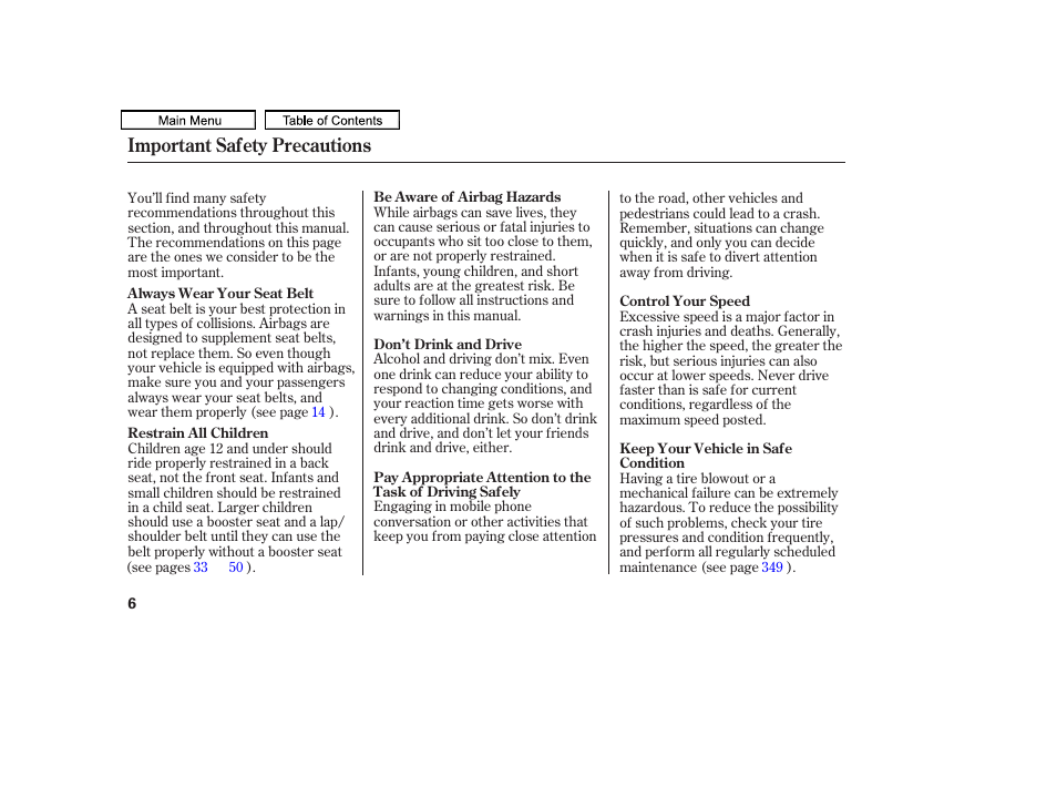 Important safety precautions | HONDA 2011 Accord Sedan User Manual | Page 9 / 454