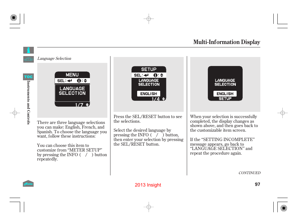 Multi-information display | HONDA 2013 Insight User Manual | Page 100 / 411
