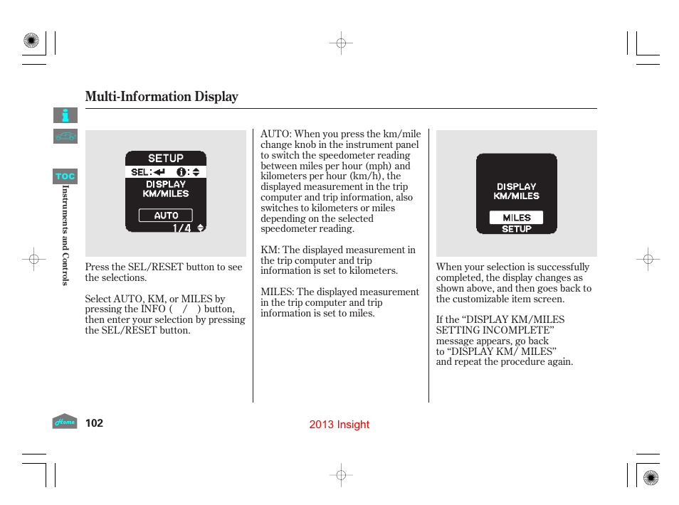 Multi-information display | HONDA 2013 Insight User Manual | Page 105 / 411