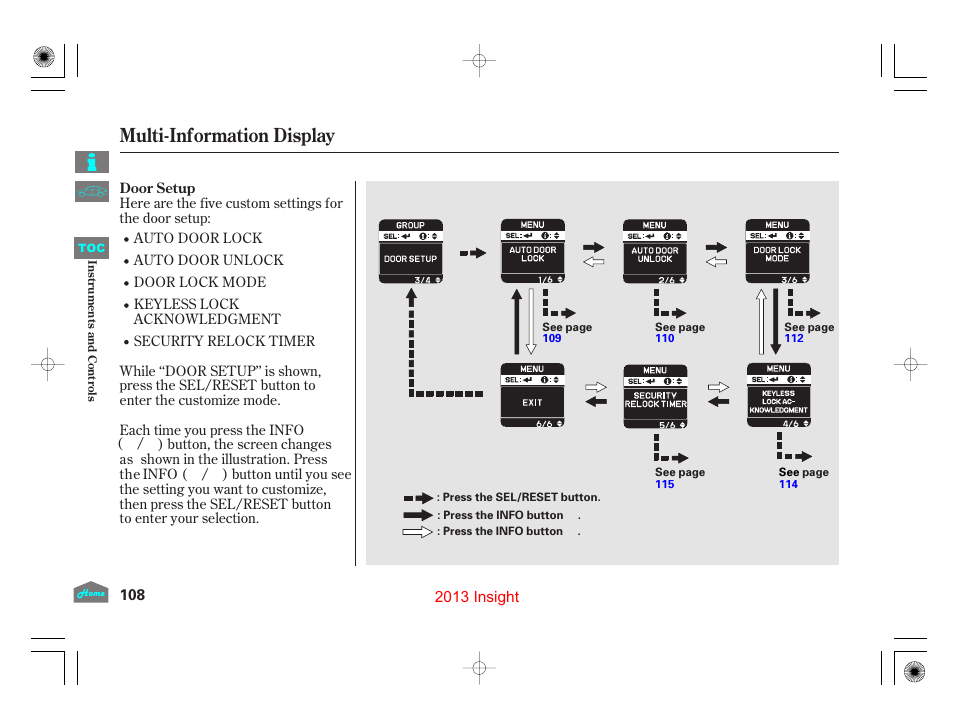 P.108, Multi-information display | HONDA 2013 Insight User Manual | Page 111 / 411