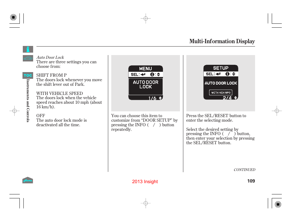 Multi-information display | HONDA 2013 Insight User Manual | Page 112 / 411