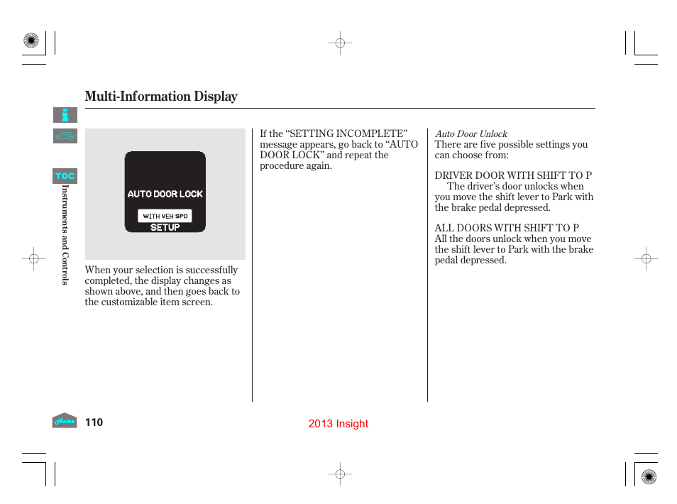 Multi-information display | HONDA 2013 Insight User Manual | Page 113 / 411