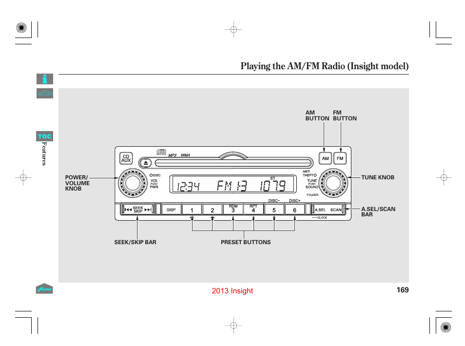 Playing the am/fm radio, Playing the am/fm radio (insight model) | HONDA 2013 Insight User Manual | Page 172 / 411