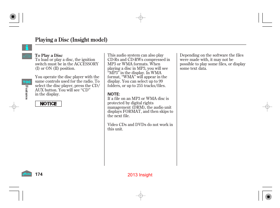 Playing a disc (insight model) | HONDA 2013 Insight User Manual | Page 177 / 411