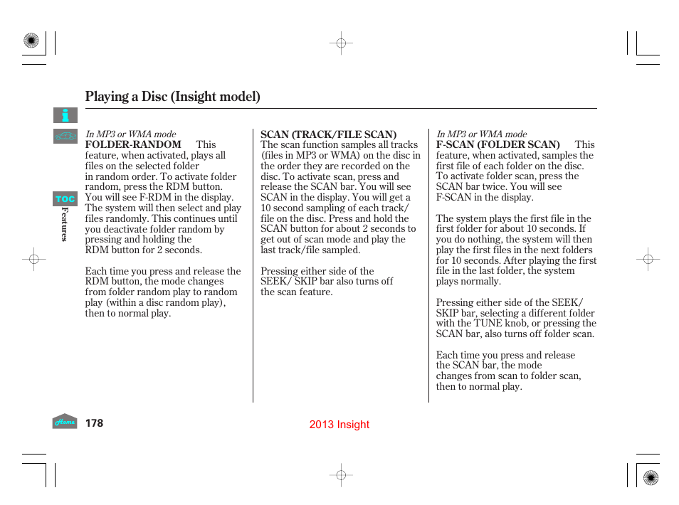 Playing a disc (insight model) | HONDA 2013 Insight User Manual | Page 181 / 411