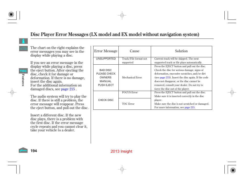 Disc player error messages, 2013 insight | HONDA 2013 Insight User Manual | Page 197 / 411