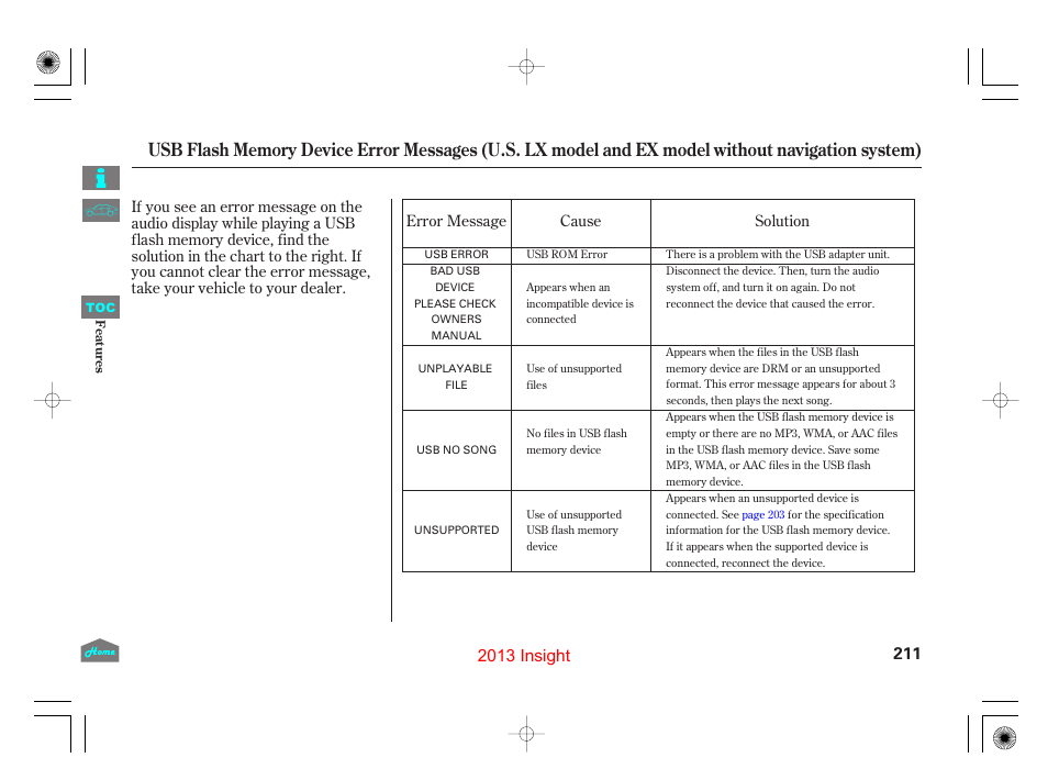 Usb flash memory device error messages, 2013 insight | HONDA 2013 Insight User Manual | Page 214 / 411