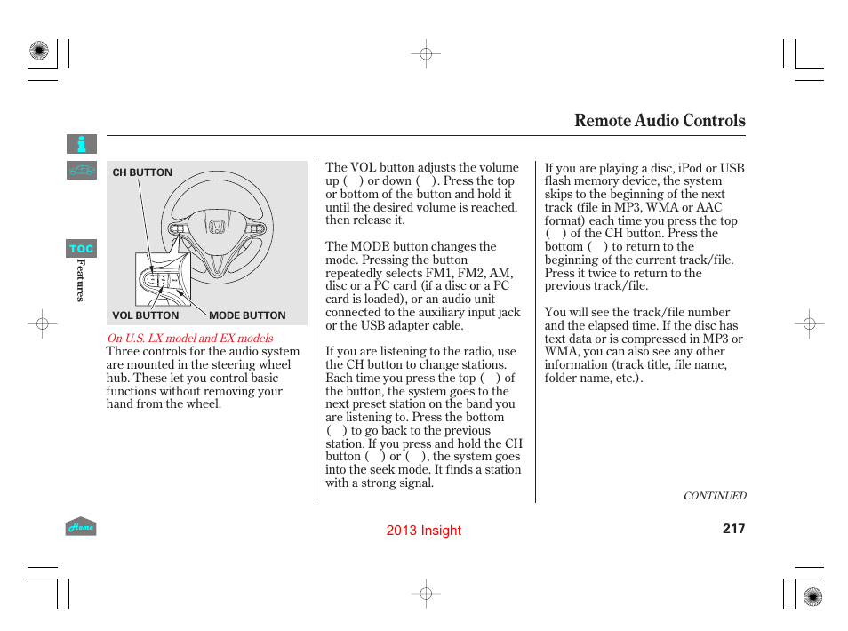 Remote audio controls, P.217), P.217 | HONDA 2013 Insight User Manual | Page 220 / 411