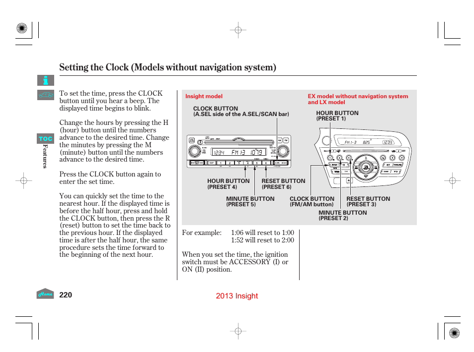Setting the clock (models w/o navi) | HONDA 2013 Insight User Manual | Page 223 / 411
