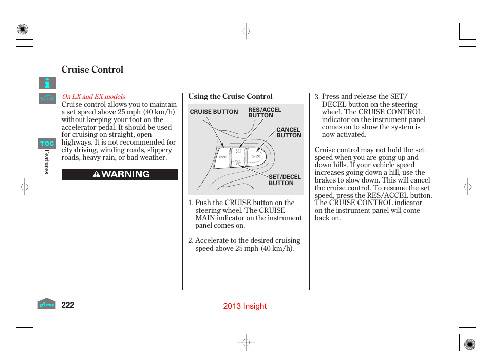 Cruise control, P.222, P.222) | HONDA 2013 Insight User Manual | Page 225 / 411