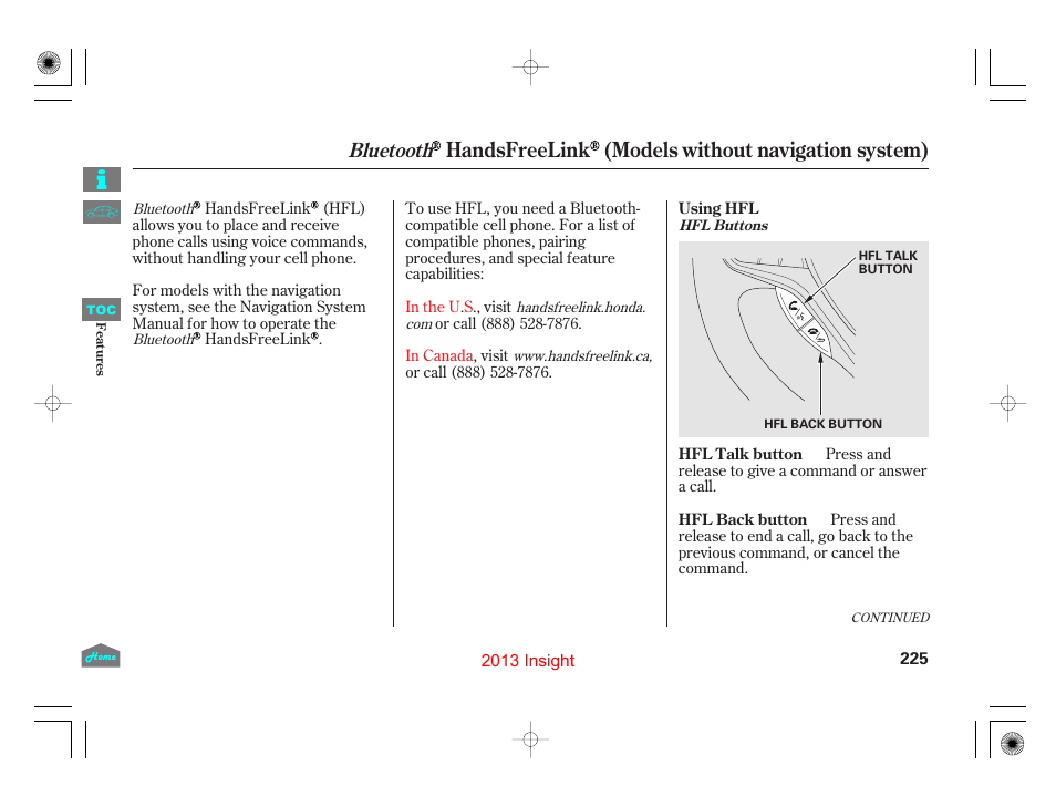 Handsfreelink (models w/o navi), P.225, Handsfreelink (models without navigation system) | Bluetooth | HONDA 2013 Insight User Manual | Page 228 / 411