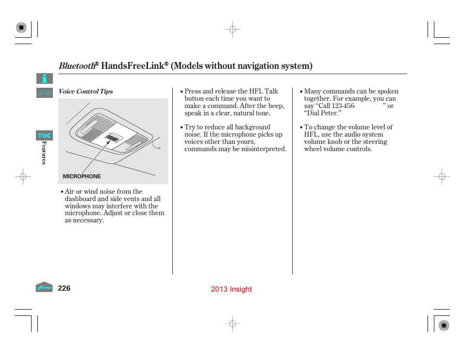 Handsfreelink (models without navigation system), Bluetooth | HONDA 2013 Insight User Manual | Page 229 / 411