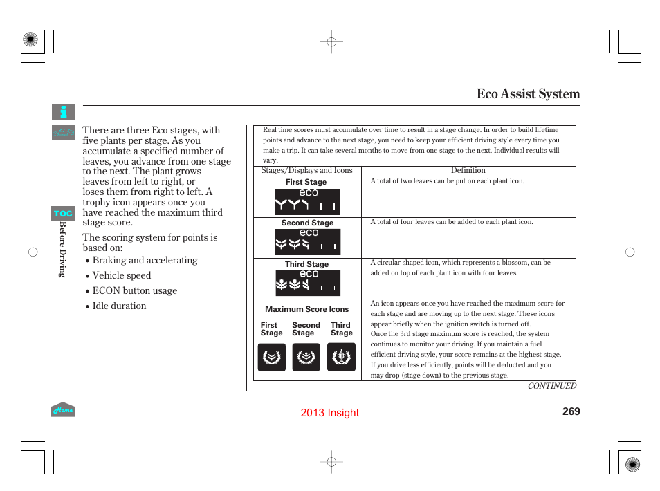 Eco assist system, 2013 insight | HONDA 2013 Insight User Manual | Page 272 / 411