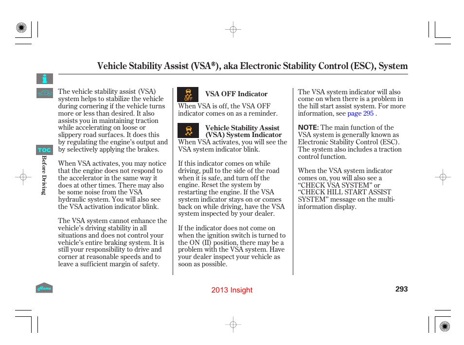 Vehicle stability assist (vsa ), P.293) | HONDA 2013 Insight User Manual | Page 296 / 411