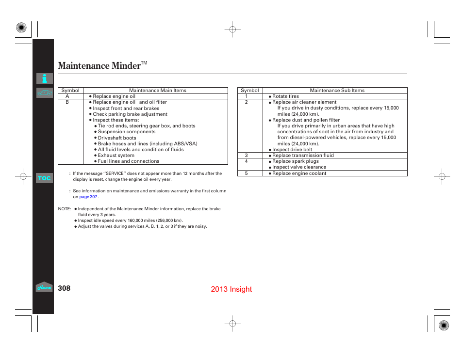 Maintenance minder, 2013 insight | HONDA 2013 Insight User Manual | Page 311 / 411