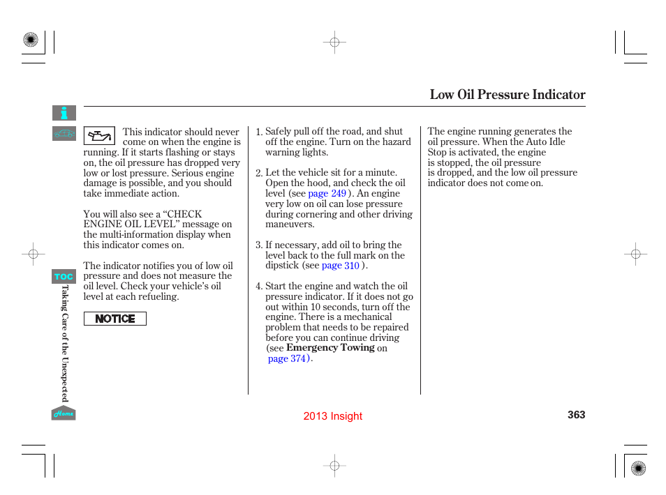 Low oil pressure indicator, Emergency towing, P.363) | HONDA 2013 Insight User Manual | Page 366 / 411