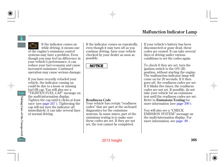 Malfunction indicator lamp, P.365) | HONDA 2013 Insight User Manual | Page 368 / 411