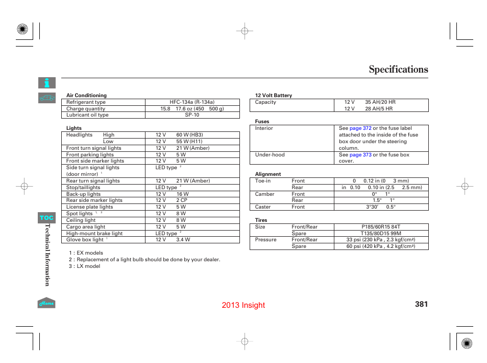 Specifications, 2013 insight | HONDA 2013 Insight User Manual | Page 384 / 411