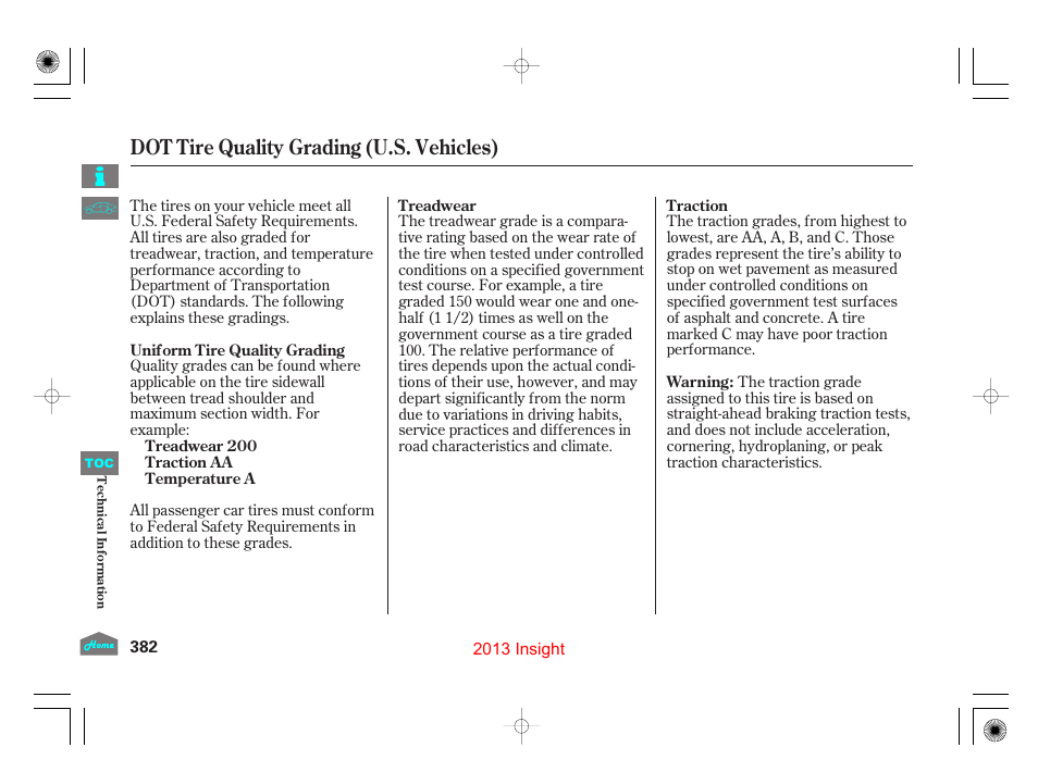 Dot tire quality grading (u.s. vehicles), Uniform tire quality grading, Treadwear | Traction | HONDA 2013 Insight User Manual | Page 385 / 411