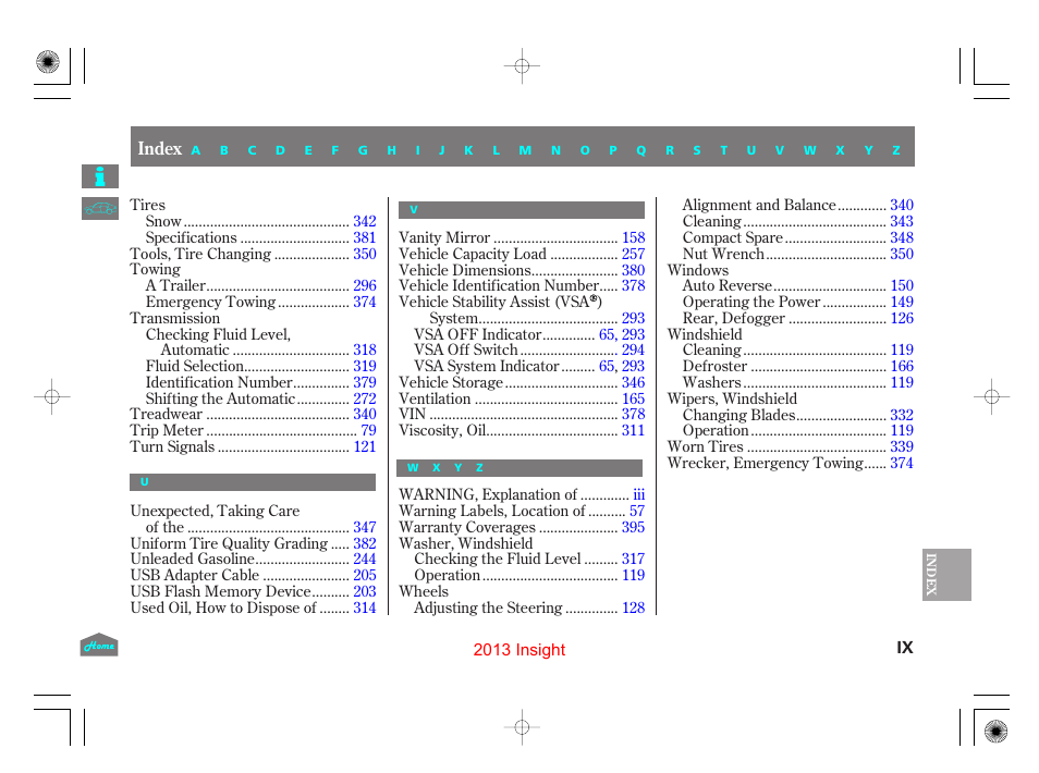 Index | HONDA 2013 Insight User Manual | Page 409 / 411