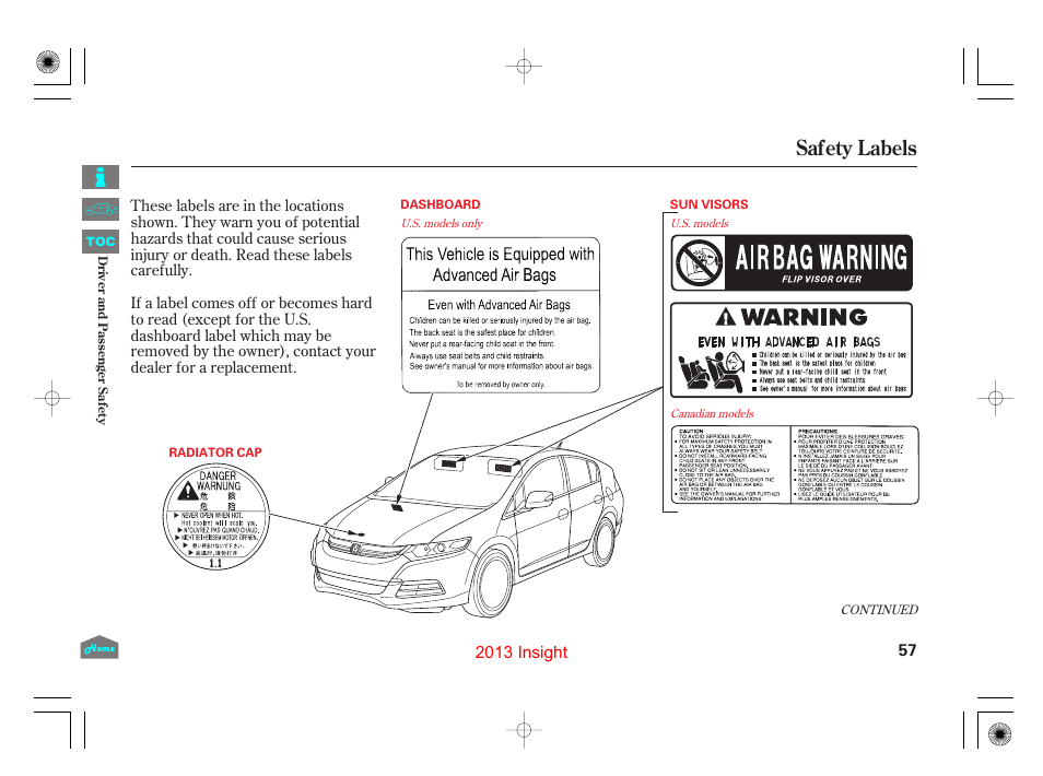 Safety labels | HONDA 2013 Insight User Manual | Page 60 / 411