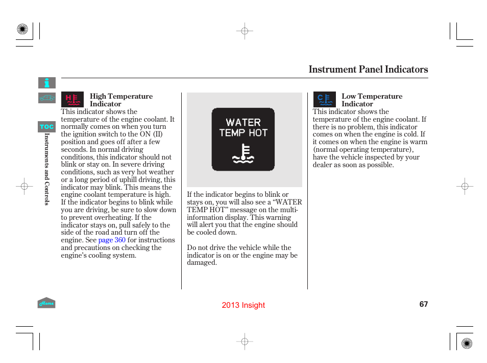 P.67), Instrument panel indicators | HONDA 2013 Insight User Manual | Page 70 / 411
