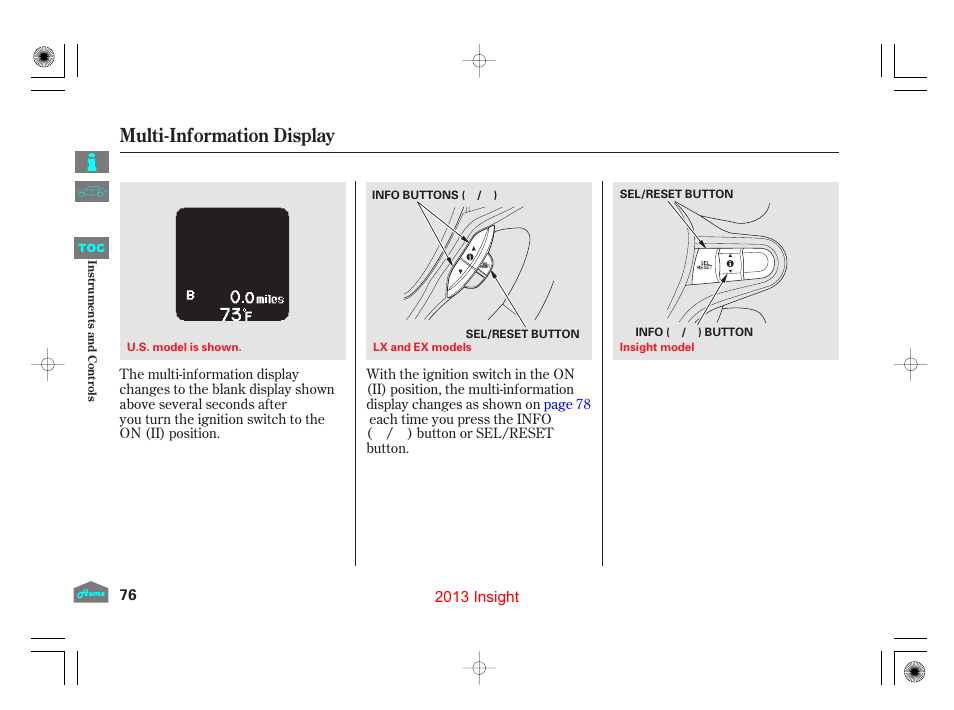 P.76, P.76), Multi-information display | HONDA 2013 Insight User Manual | Page 79 / 411