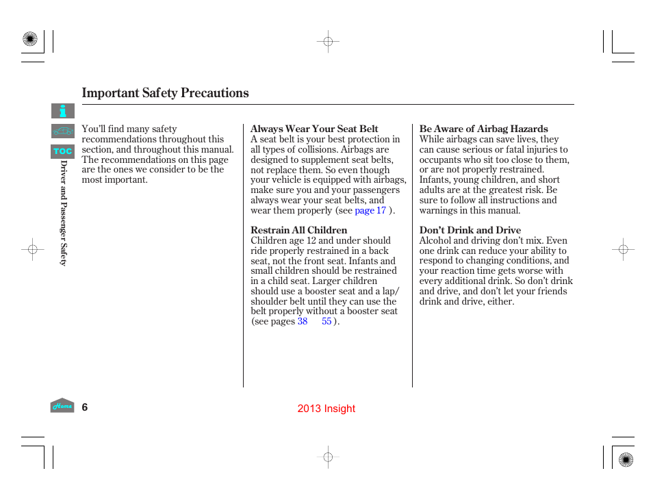 Important safety precautions | HONDA 2013 Insight User Manual | Page 9 / 411