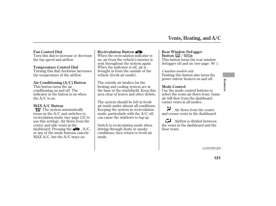 Vents, heating, and a/c | HONDA 2011 CR-V User Manual | Page 137 / 446