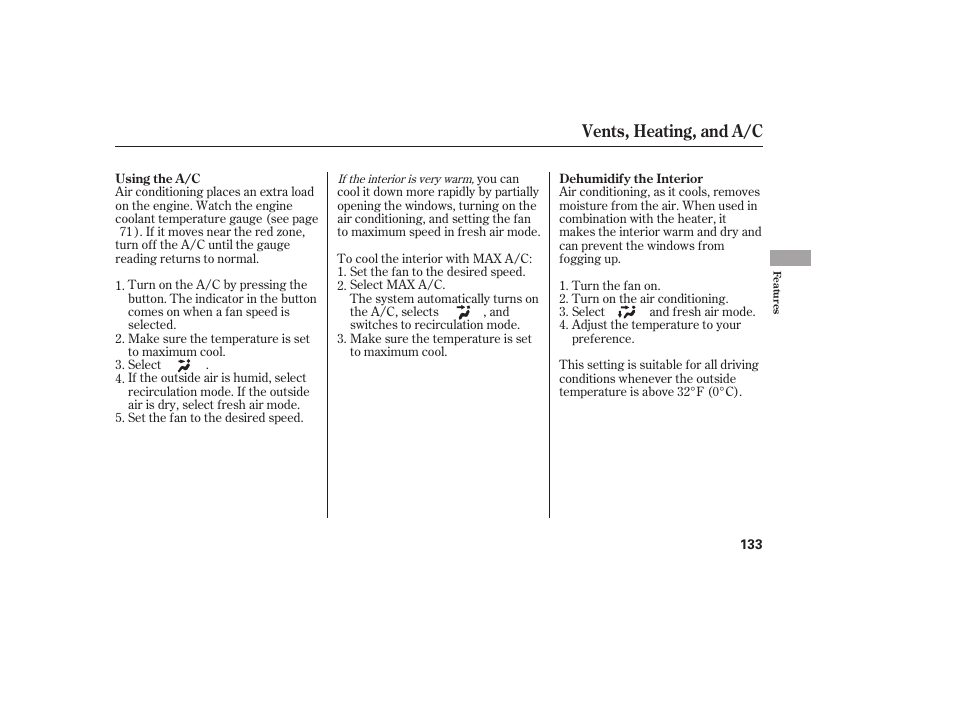 Vents, heating, and a/c | HONDA 2011 CR-V User Manual | Page 139 / 446
