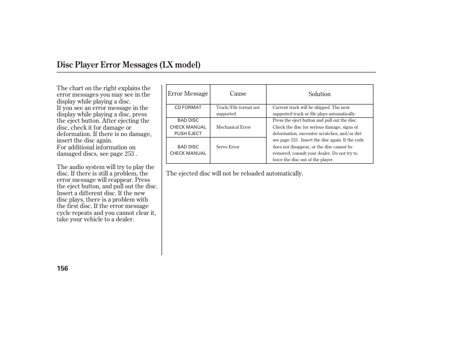 Disc player error messages (lx model) | HONDA 2011 CR-V User Manual | Page 162 / 446