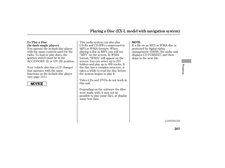 Playing a disc (ex-l model with navigation system) | HONDA 2011 CR-V User Manual | Page 213 / 446