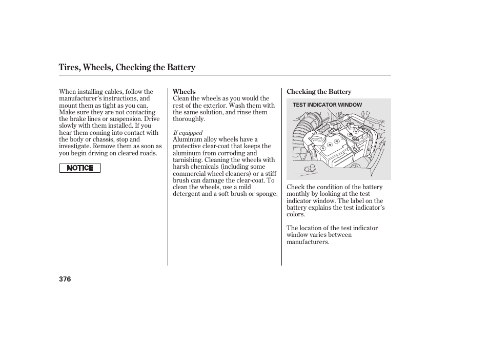 Tires, wheels, checking the battery | HONDA 2011 CR-V User Manual | Page 382 / 446