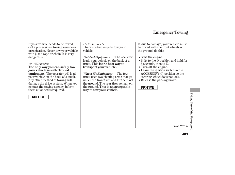 Emergency towing | HONDA 2011 CR-V User Manual | Page 409 / 446