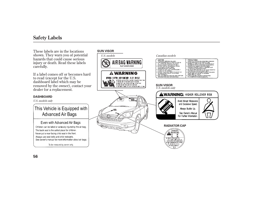 Safety labels | HONDA 2011 CR-V User Manual | Page 62 / 446