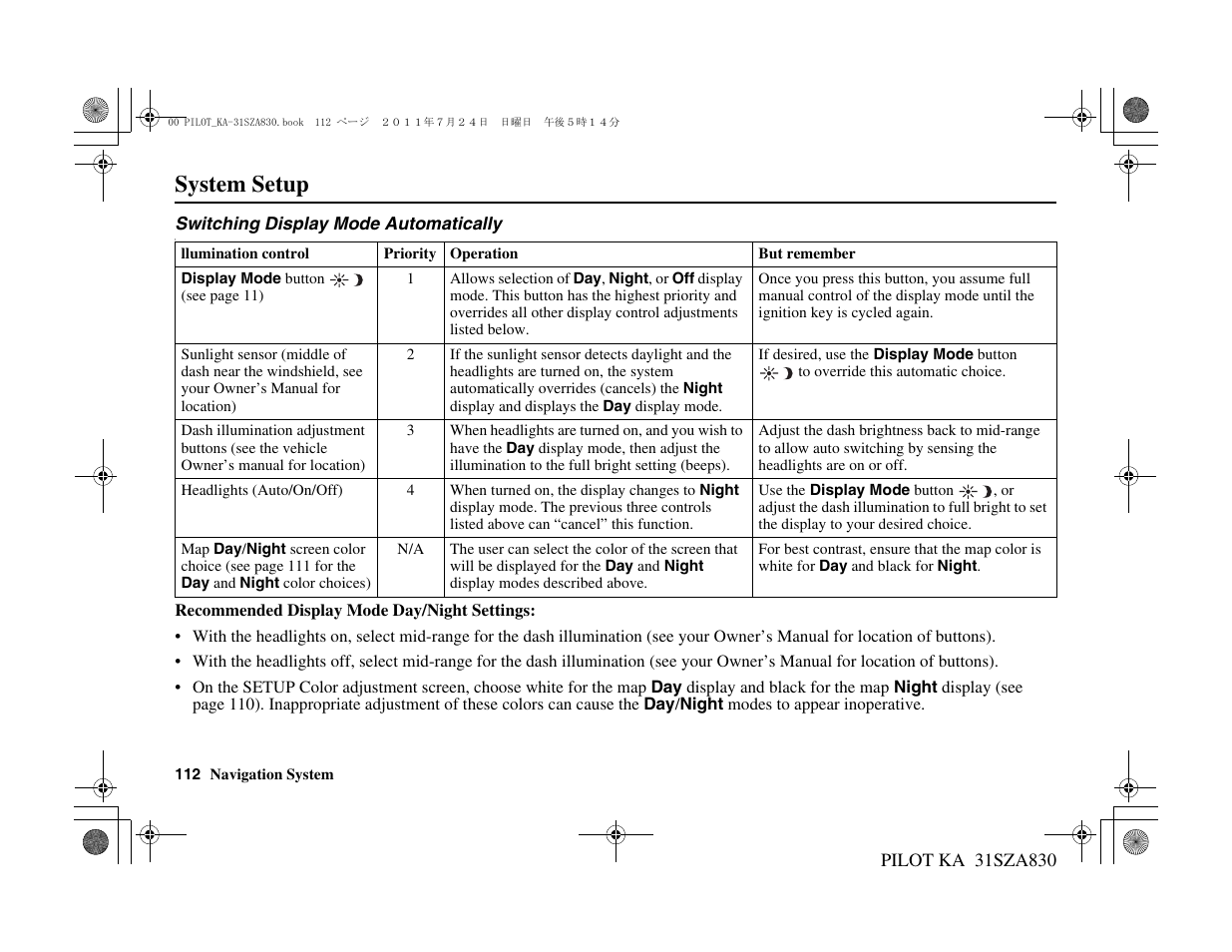 System setup | HONDA 2012 Pilot Navigation User Manual | Page 113 / 179