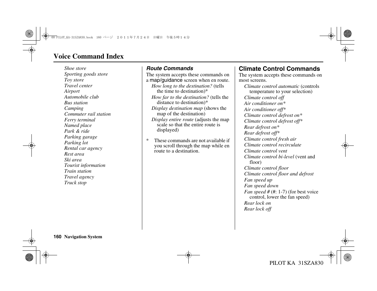 Voice command index | HONDA 2012 Pilot Navigation User Manual | Page 161 / 179