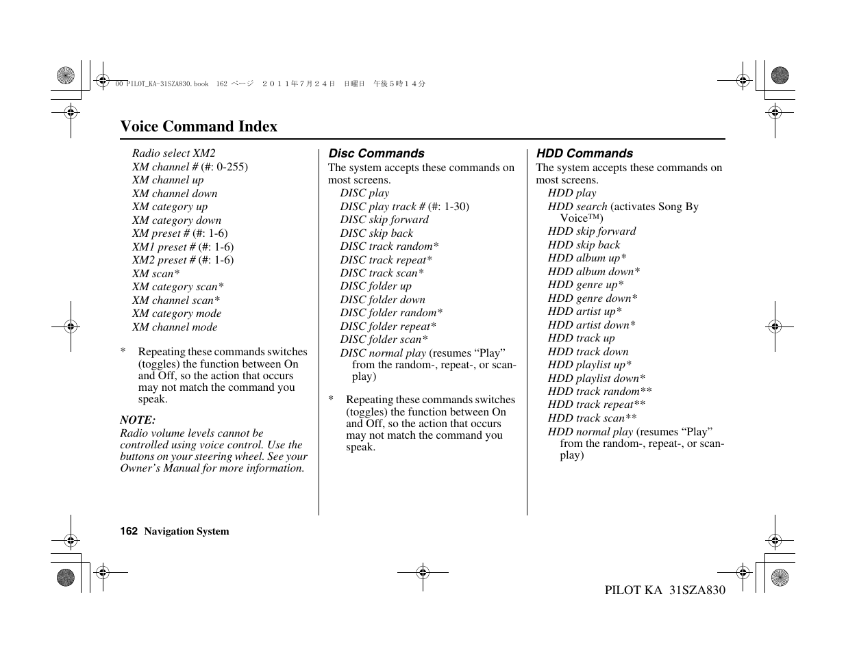 Voice command index | HONDA 2012 Pilot Navigation User Manual | Page 163 / 179
