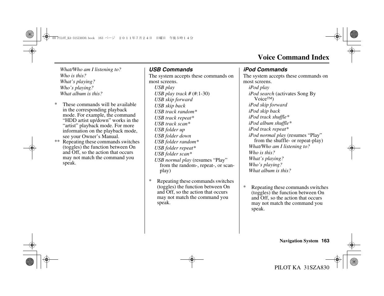 Voice command index | HONDA 2012 Pilot Navigation User Manual | Page 164 / 179