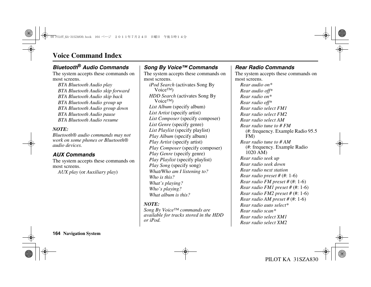 Voice command index | HONDA 2012 Pilot Navigation User Manual | Page 165 / 179