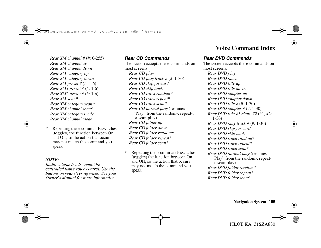 Voice command index | HONDA 2012 Pilot Navigation User Manual | Page 166 / 179