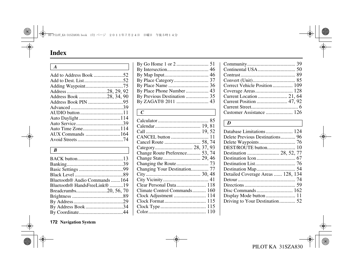 Index | HONDA 2012 Pilot Navigation User Manual | Page 173 / 179